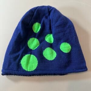 Craft Wool blend Beanie Hat Youth Kids Boys L XL blue Neon Green Dots